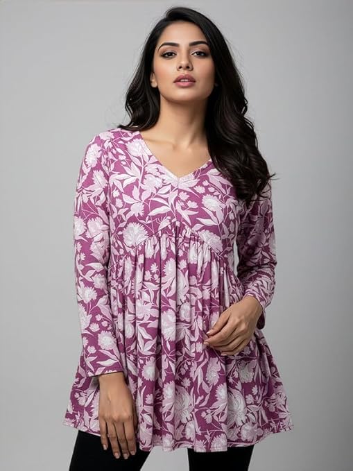Dream Beauty Fashion Women's Printed Tunic Top/Short Kurti with Long Sleeve V-Neck -23" Inches (Tunic-Top) - Image 5