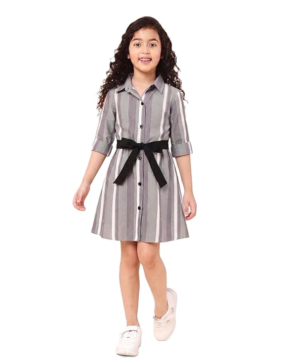 A.T.U.N. (ALL THINGS UBER NICE) Girls 100% Cotton Shirt Dress with Belt | Button-Down Dress with Collar Neck | Soft Breathable Kids Outfit for Girls