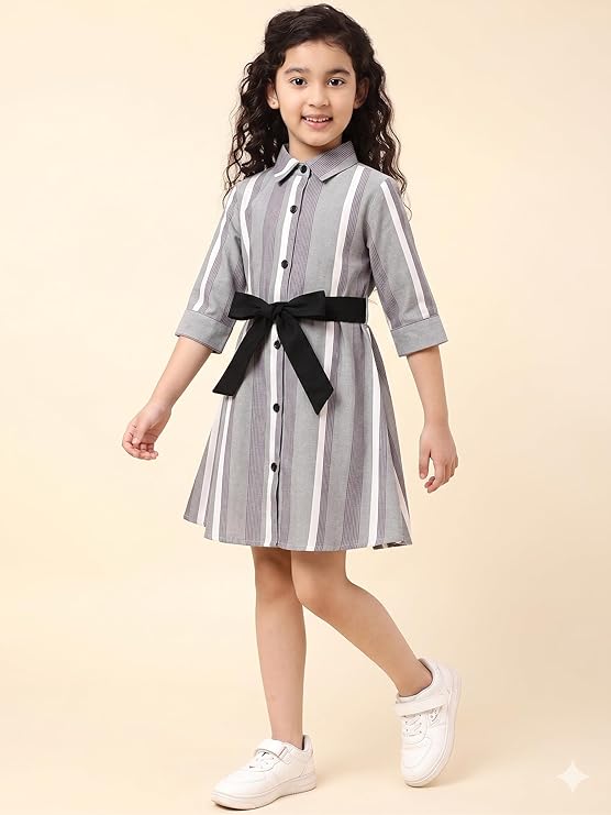 A.T.U.N. (ALL THINGS UBER NICE) Girls 100% Cotton Shirt Dress with Belt | Button-Down Dress with Collar Neck | Soft Breathable Kids Outfit for Girls - Image 3